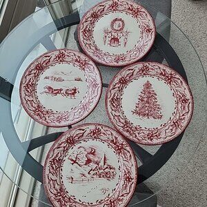 💫Host Pick💫Restoration Hardware Christmas Tin Plates x 4 Red Cream Round 10”